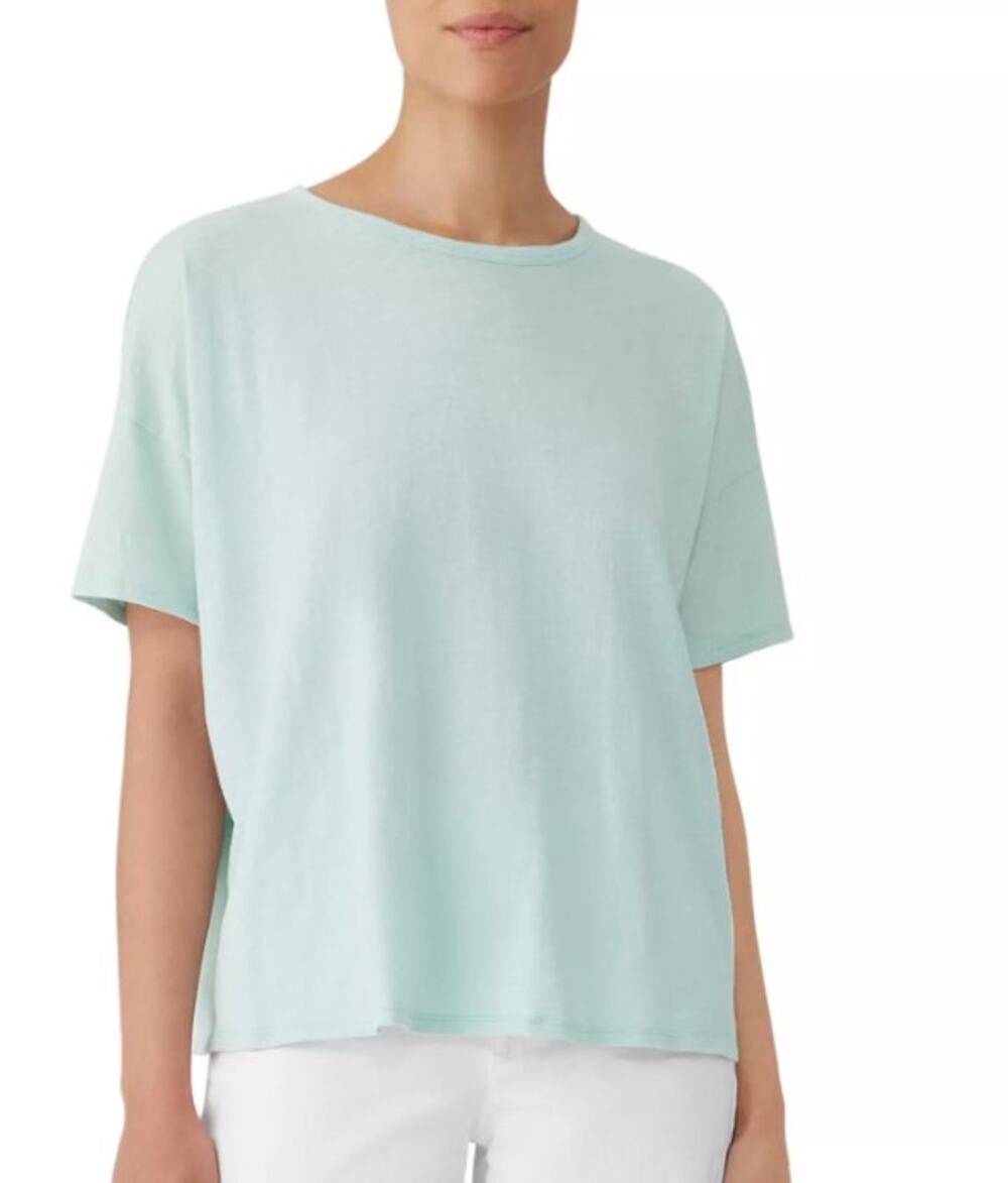 EILEEN FISHER Boxy Oversized Cotton Crew Neck Tee Size XS Clearwater Aqua